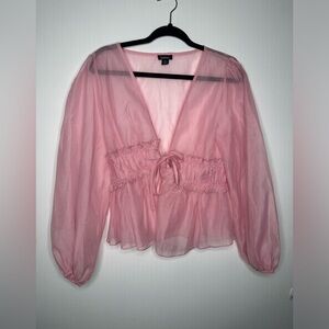Pink textured tied puff sleeved sheer blouse